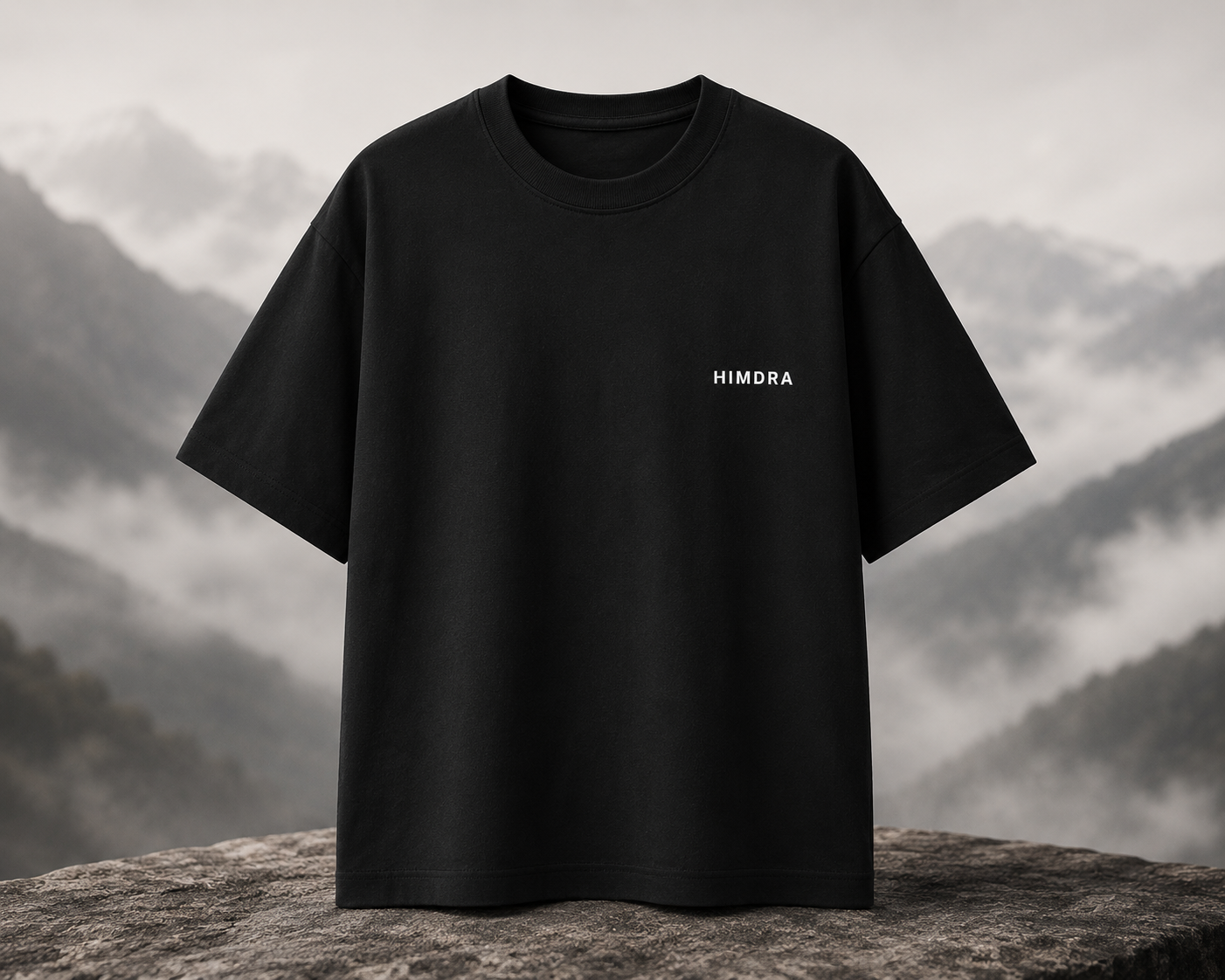 Black t-shirt with 'HIMDRA' logo on a mountainous background
