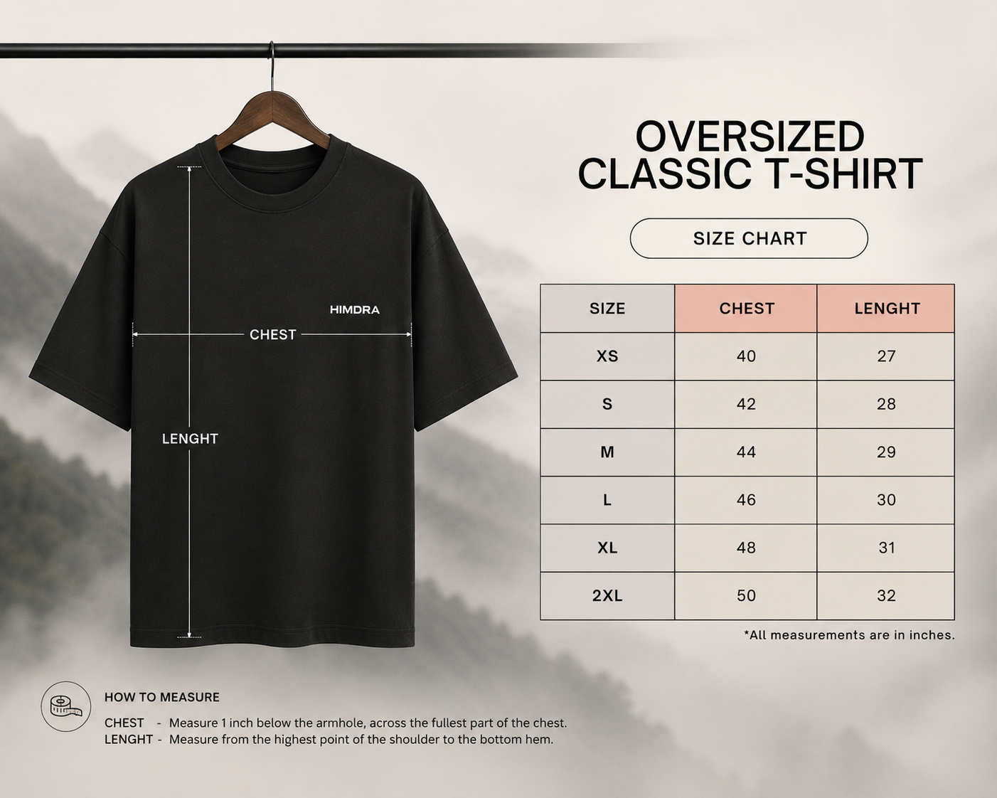 Black oversized classic t-shirt on a hanger with size chart on a gray background