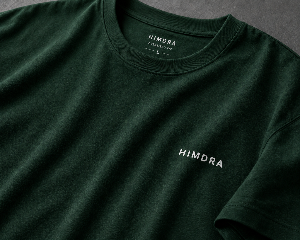 Dark green t-shirt with 'HIMDRA' branding on a dark background