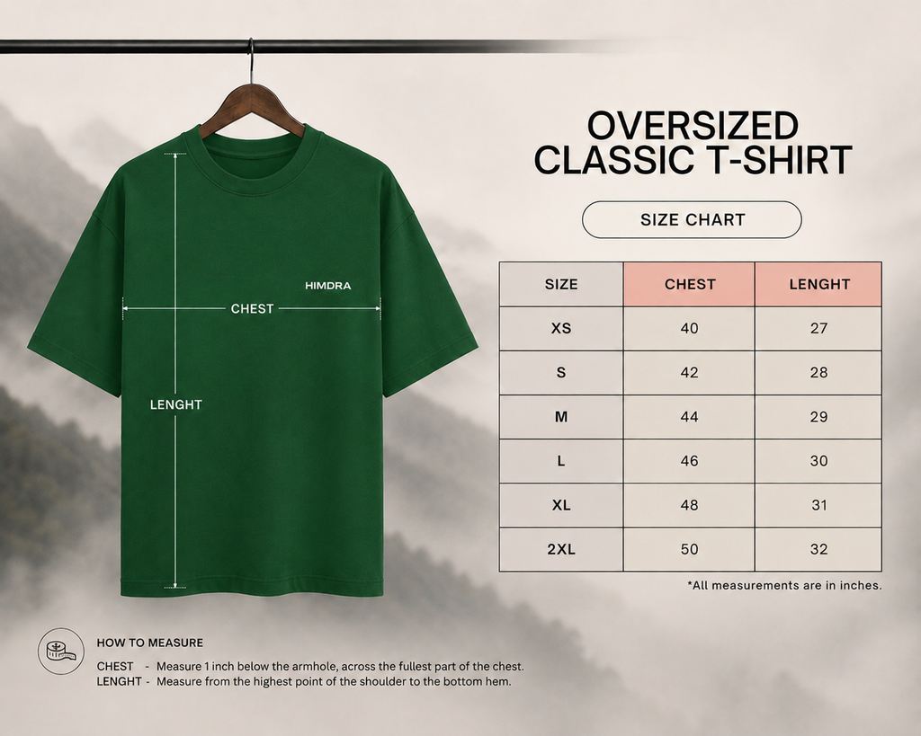 Green oversized classic t-shirt on a hanger with size chart on a gray background