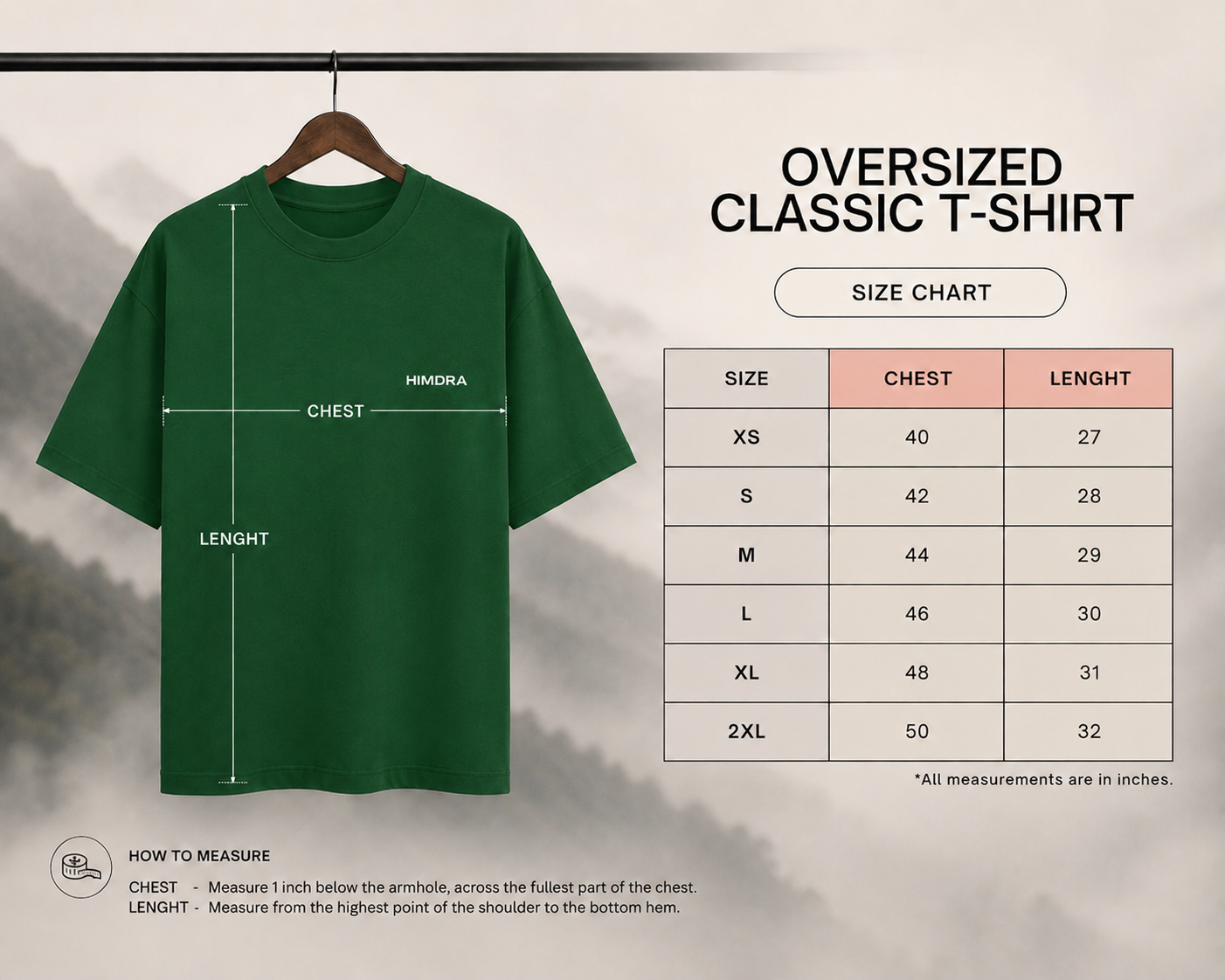 Green oversized classic t-shirt on a hanger with size chart on a gray background