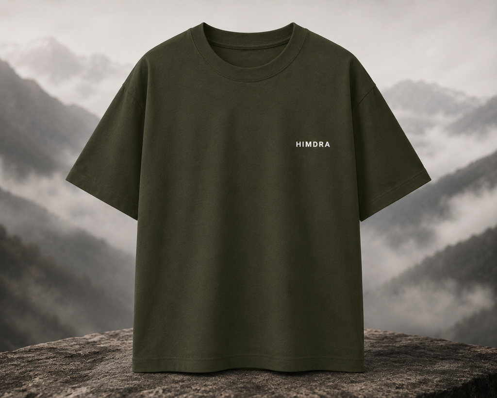 Green t-shirt with 'HIMDRA' logo on a mountainous background