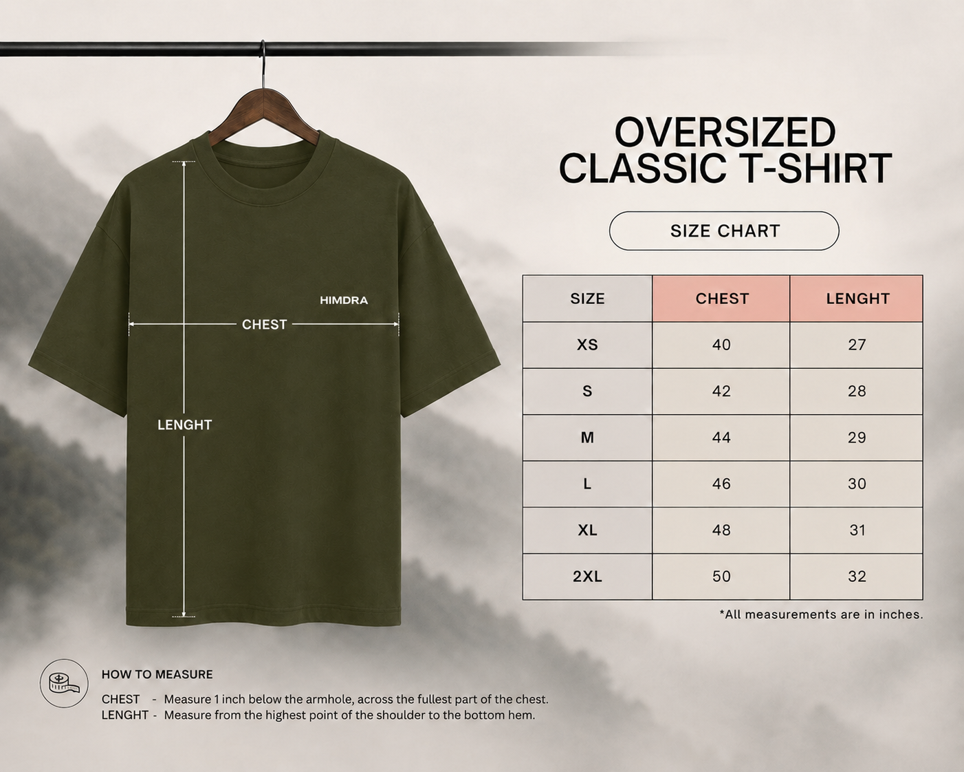 Oversized classic t-shirt on a hanger with size chart and measurement guide.